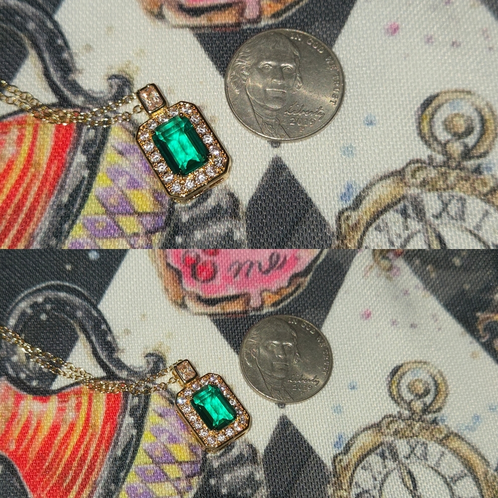 5ct Emerald-Cut Green Cubic Zirconia Micro Paved Halo Gold Tone Pendant Necklace - Picture 7 of 8